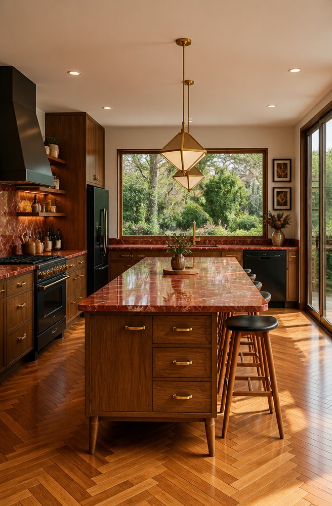 Mid-Century Modern Red Marble Kitchen