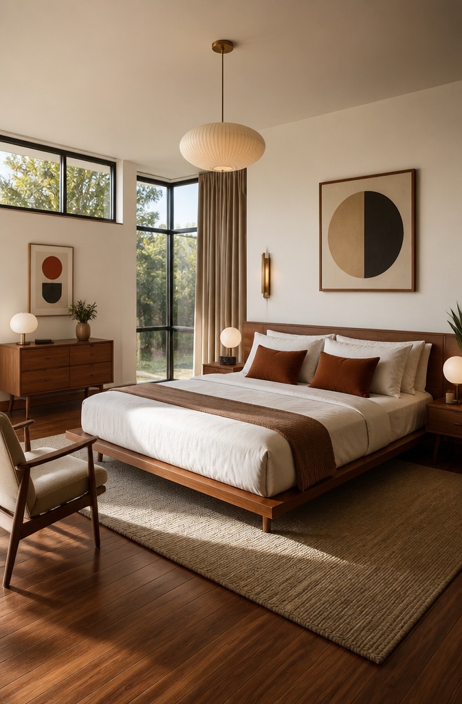 Mid-Century Modern White and Brown Bedroom