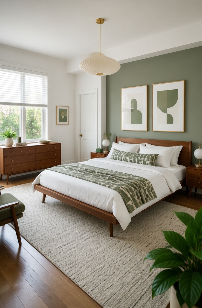 Mid-Century Modern White and Sage Bedroom