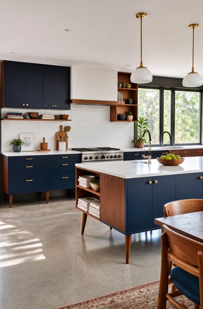Mid-Century Navy Blue Cabinets with Wood Accents