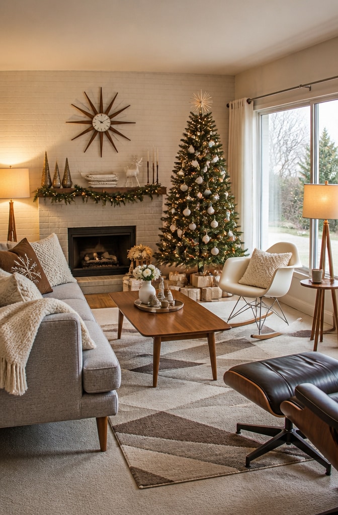 Mid-Century Neutral Christmas Living Room
