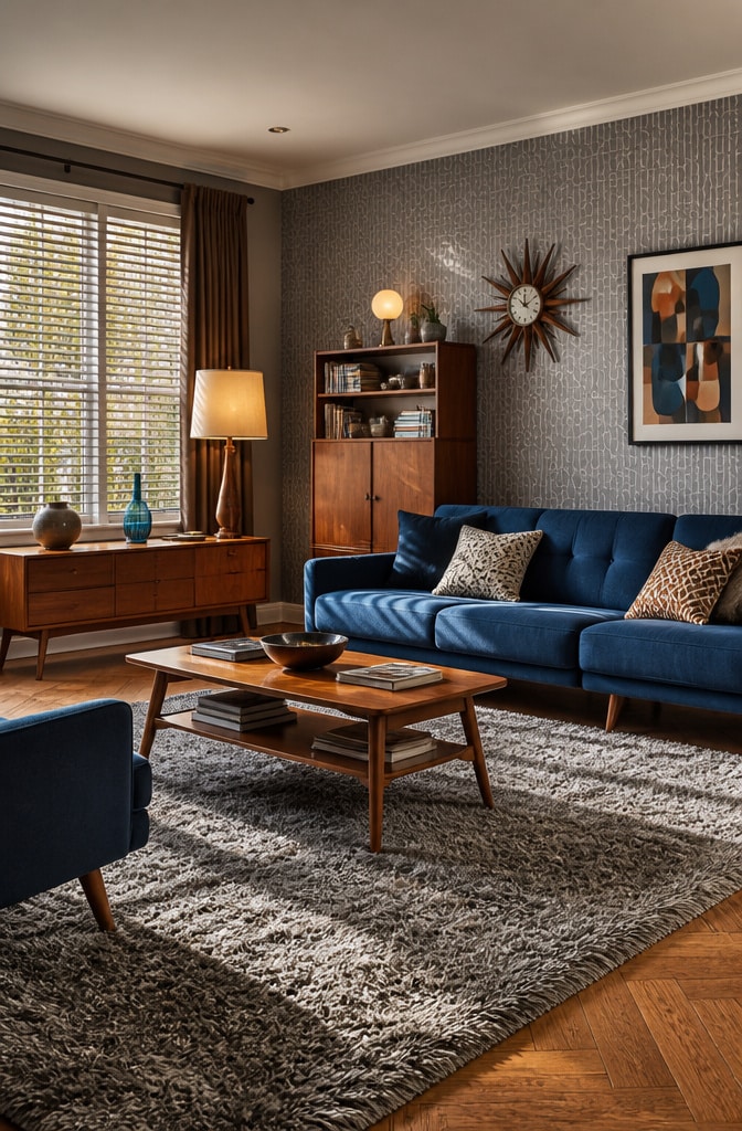 Mid-Century Royal Blue and Grey Retro Living Room