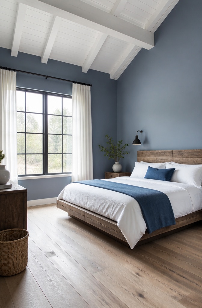 Minimalist Blue Farmhouse Bedroom