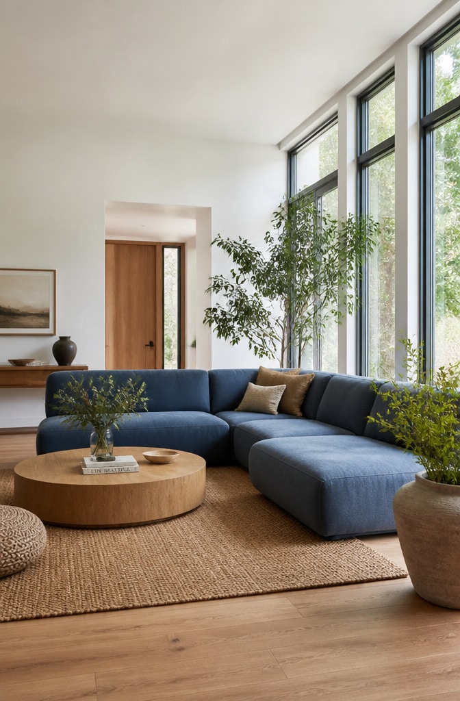 Minimalist Blue Sectional with Natural Elements