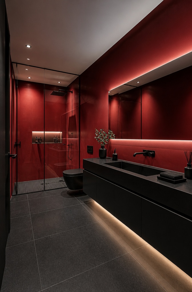 Minimalist Dark Red and Black Bathroom
