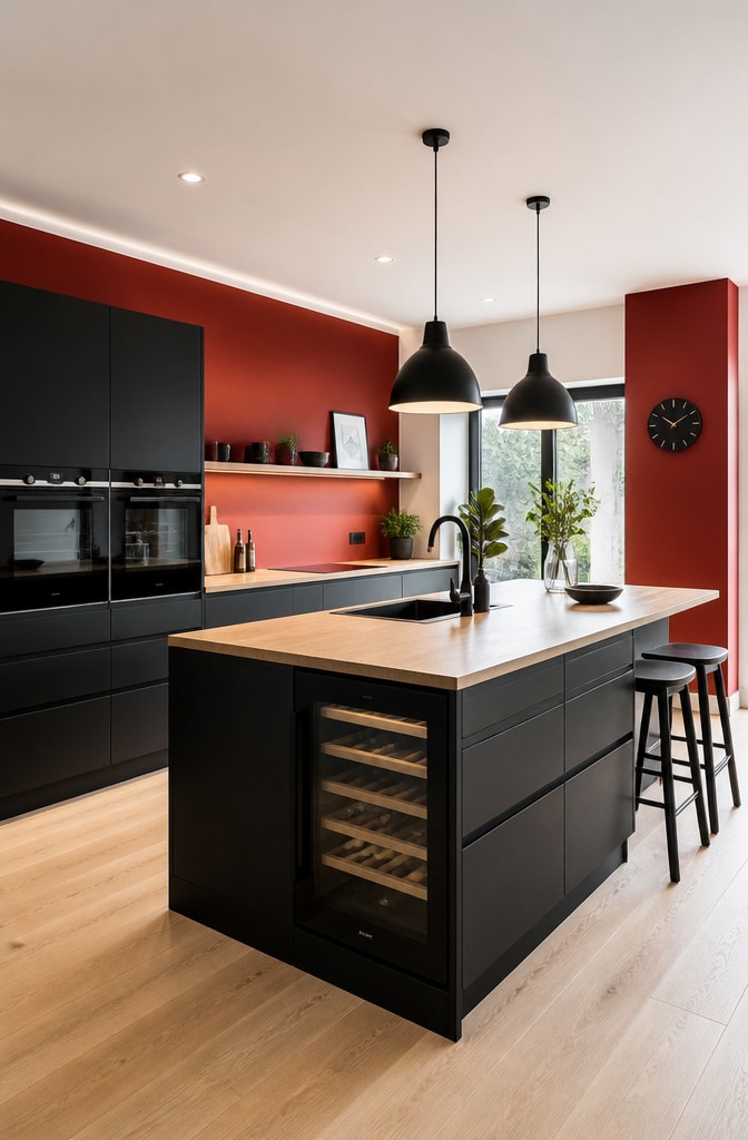 Minimalist Red and Black Scandinavian Kitchen