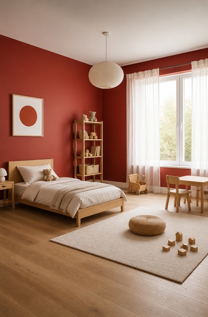 Minimalist Red and Natural Wood Bedroom