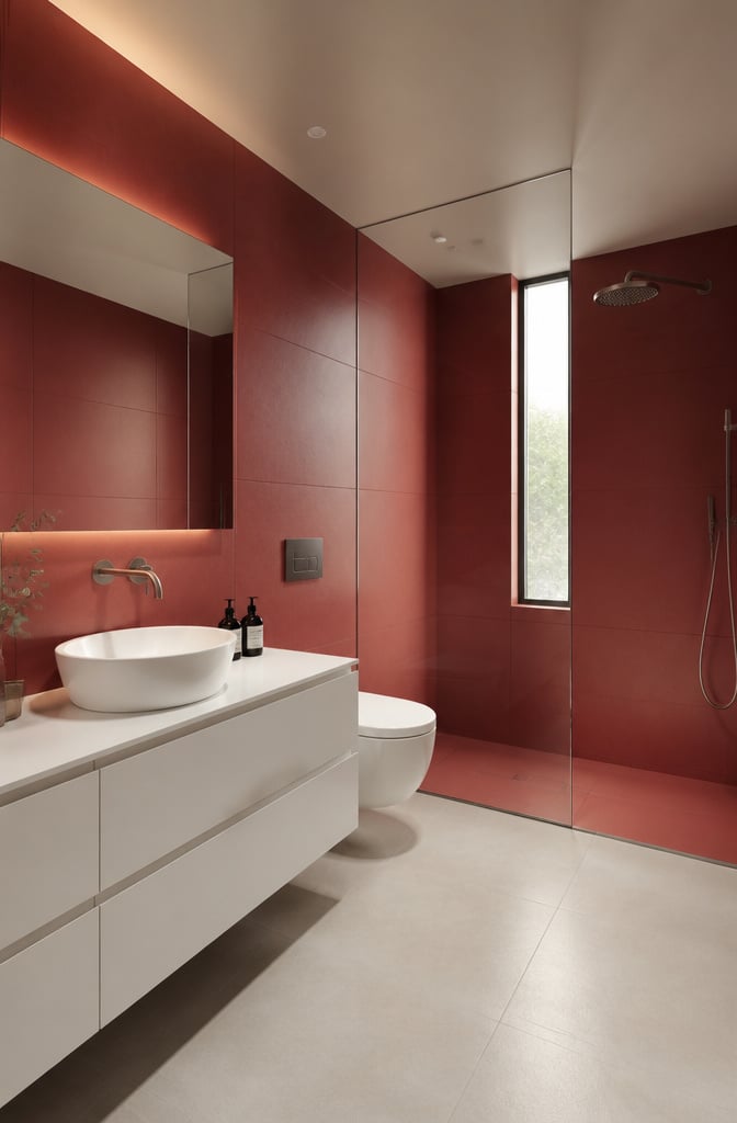 Minimalist Red Matte Tile Bathroom