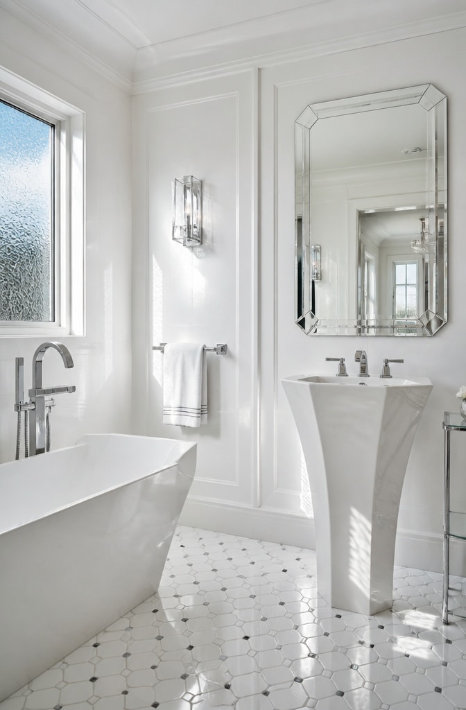 Minimalist White and Chrome Art Deco Bathroom