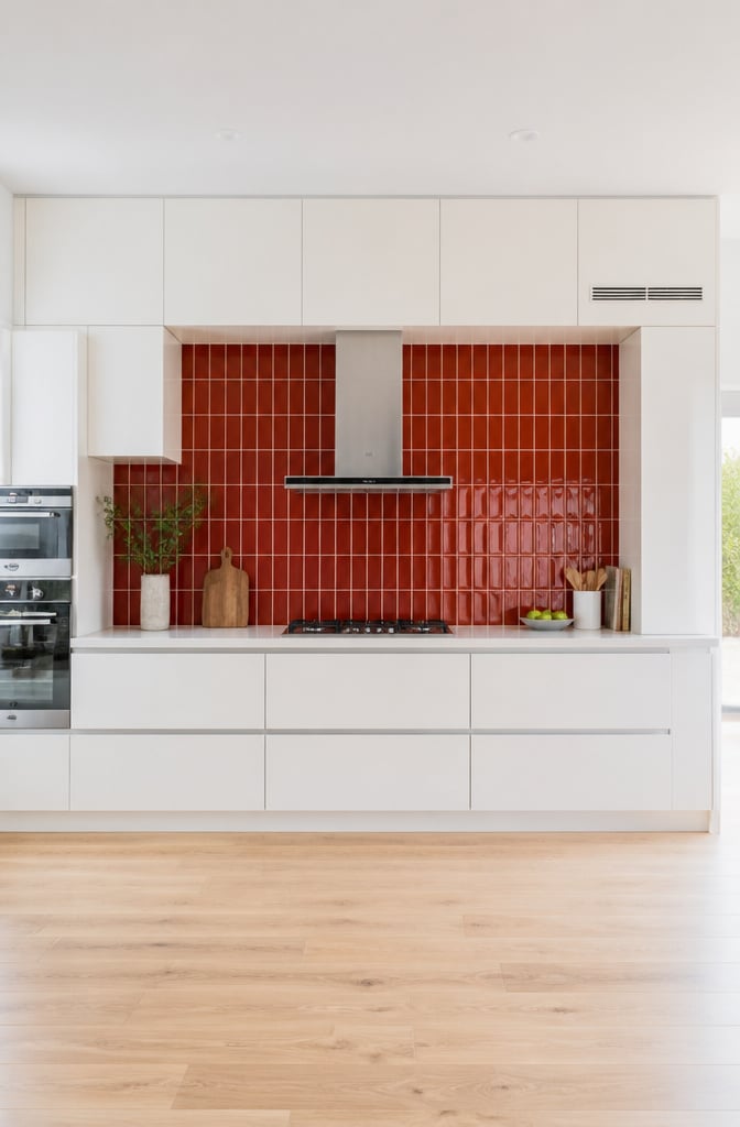 Minimalist White and Red Tile Kitchen