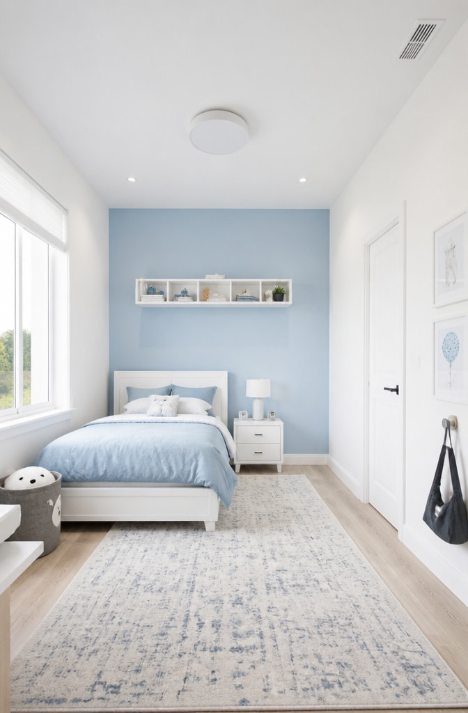 Minimalist White and Soft Blue Bedroom