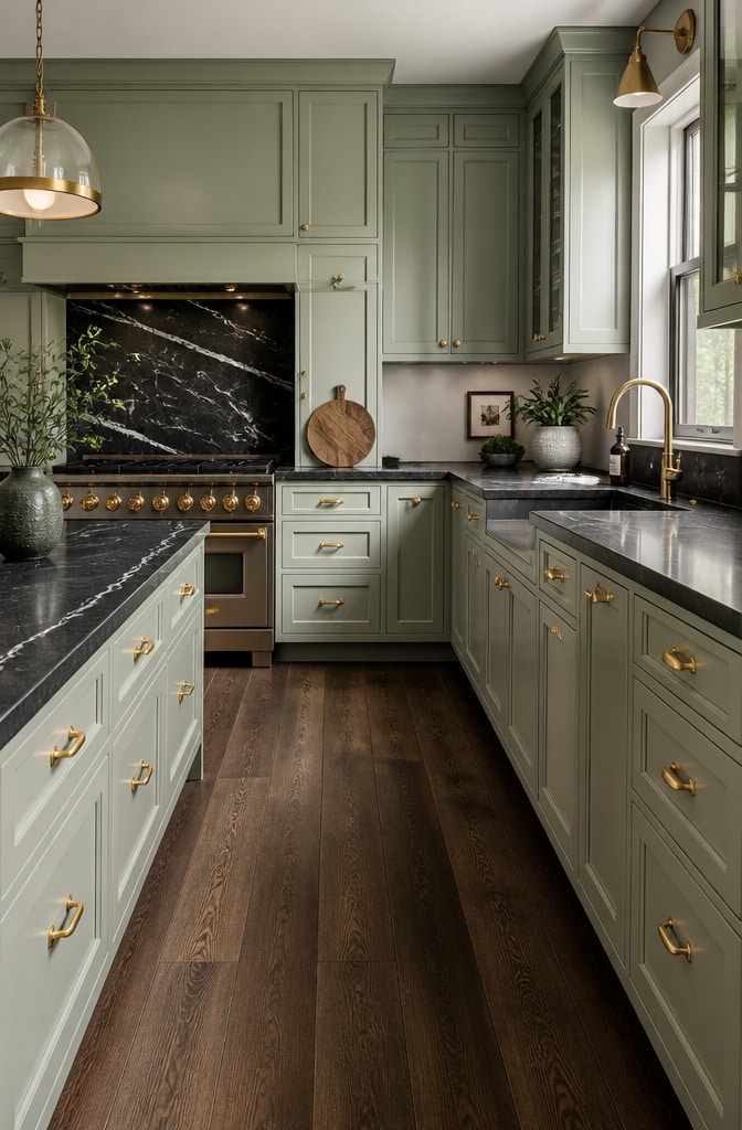 Mint Green Cabinets with Brass Hardware