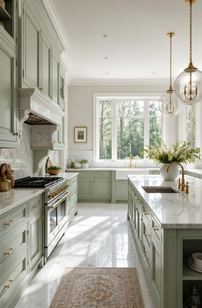 Mint Green Cabinets with Marble Countertops