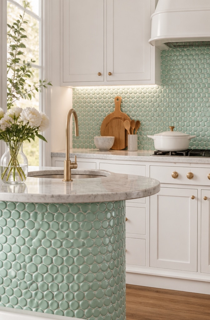 Mint Green Glossy Penny Round Tile Kitchen