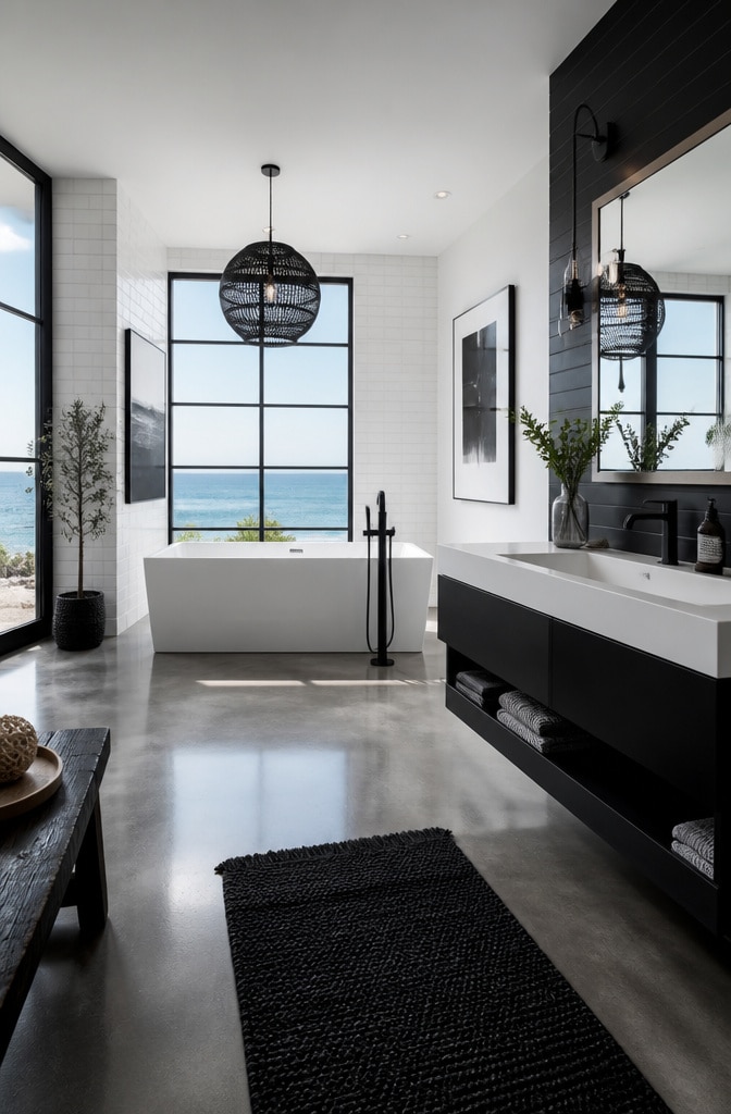 Modern Coastal Black and White Spa Bathroom