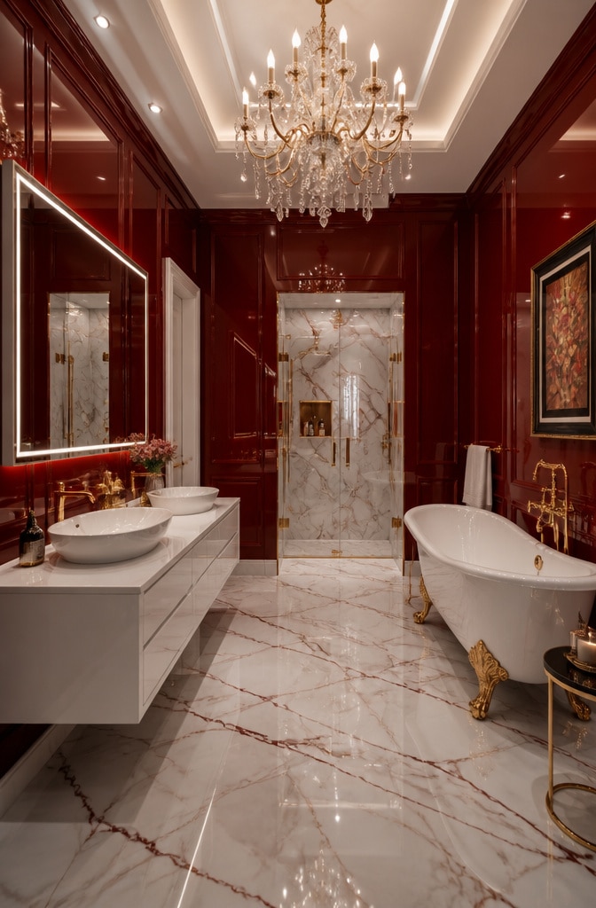 Modern Glam Dark Red Bathroom