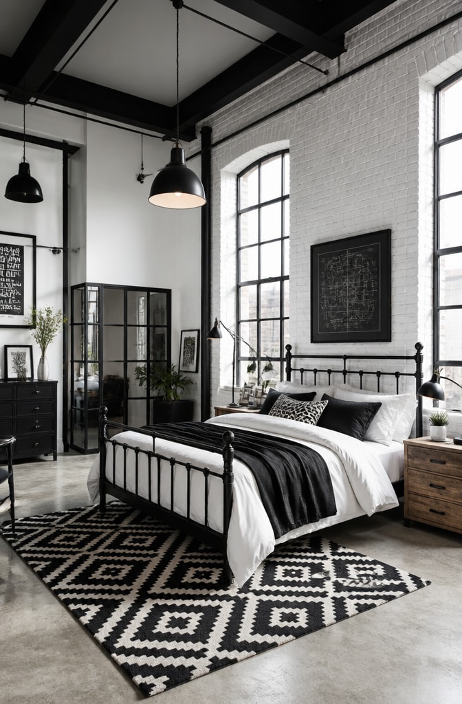 Modern Industrial Black and White Loft Bedroom