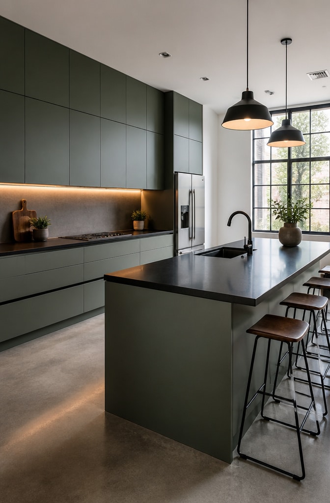 Modern Matte Pewter Green Cabinets