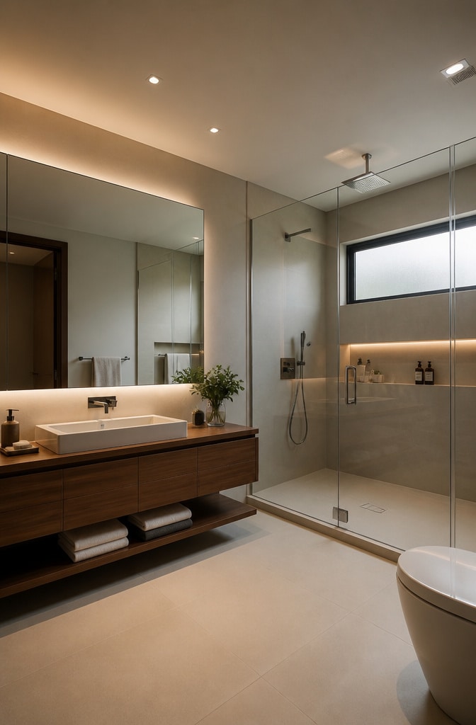 Modern Minimalist Beige and Brown Bathroom