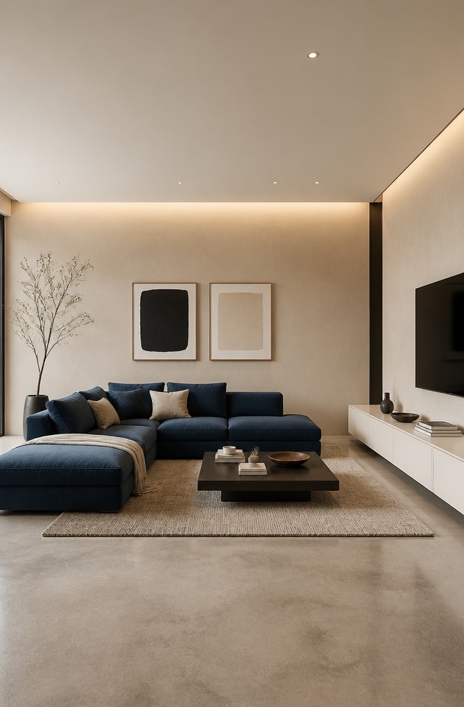 Modern Minimalist Blue and Beige Living Room