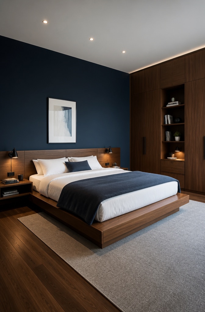 Modern Minimalist Blue and Brown Bedroom