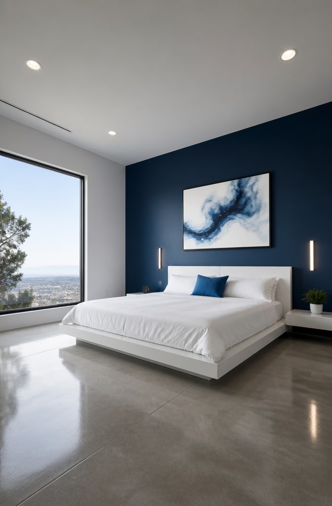 Modern Minimalist Blue and White Bedroom