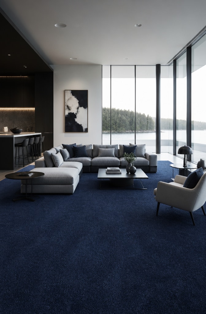 Modern Minimalist Blue Carpet Living Room