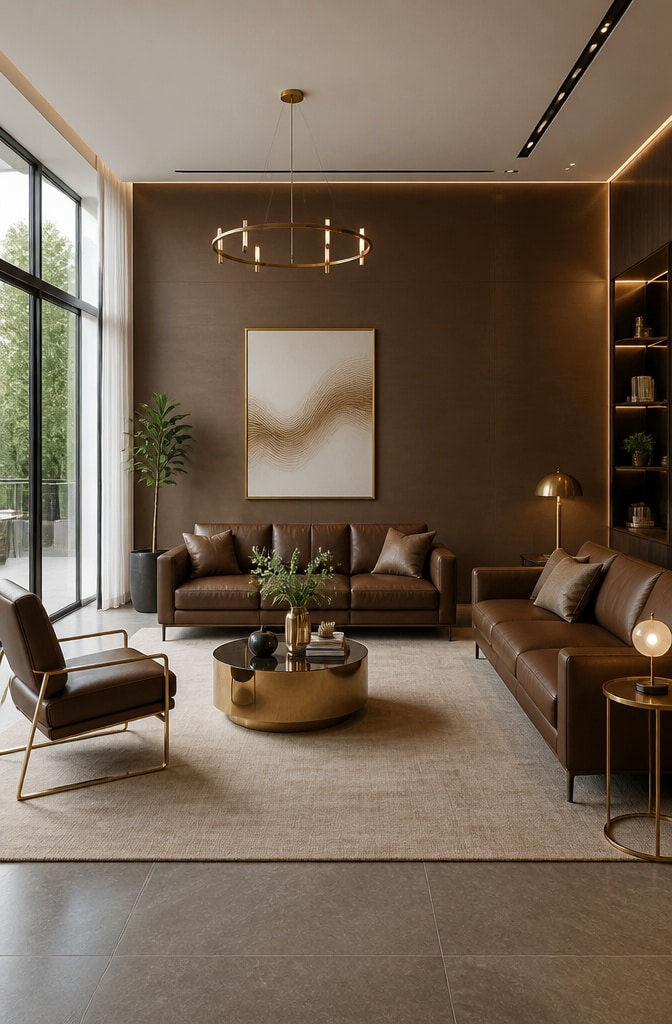 Modern Minimalist Brown and Gold Living Room