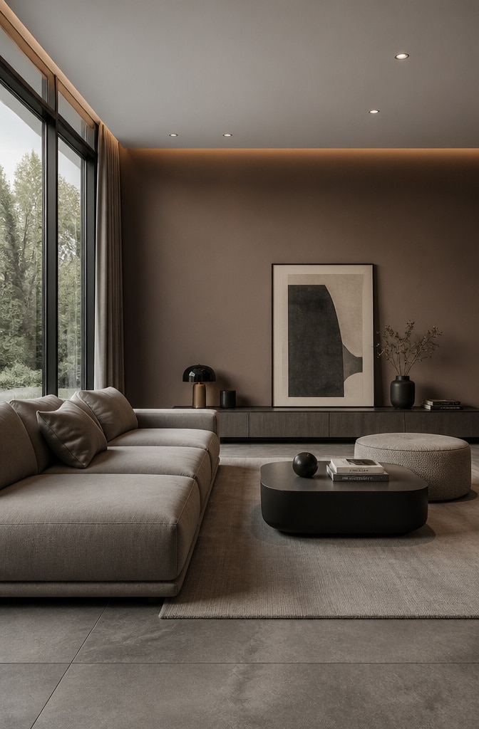 Modern Minimalist Brown Walls Living Room