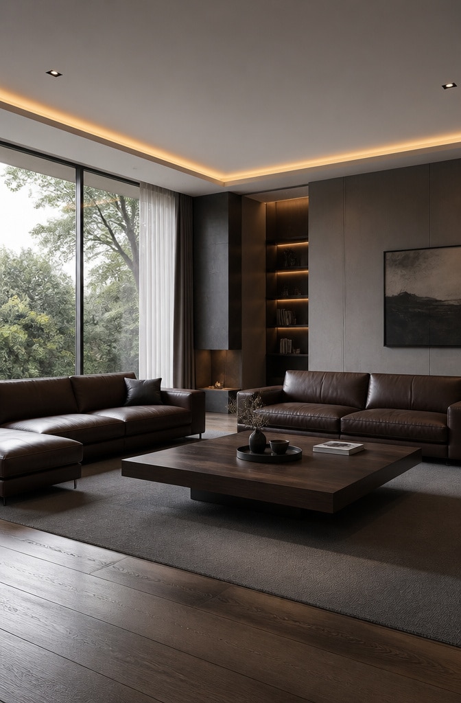 Modern Minimalist Dark Brown and Grey Living Room