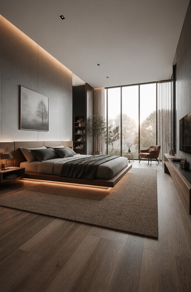 Modern Minimalist Grey and Brown Bedroom