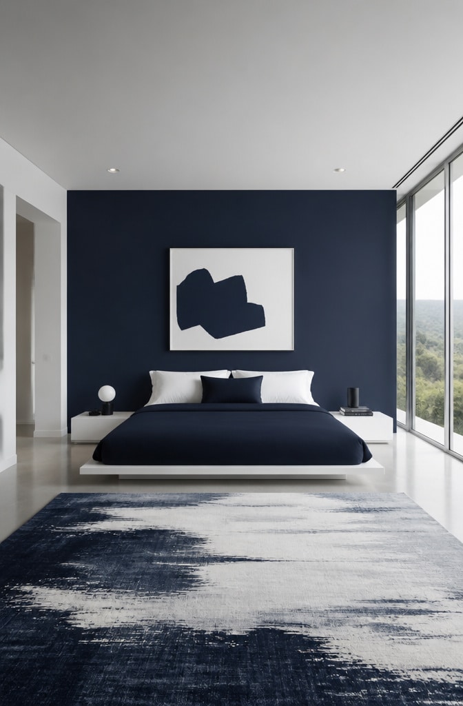Modern Minimalist Navy and White Bedroom