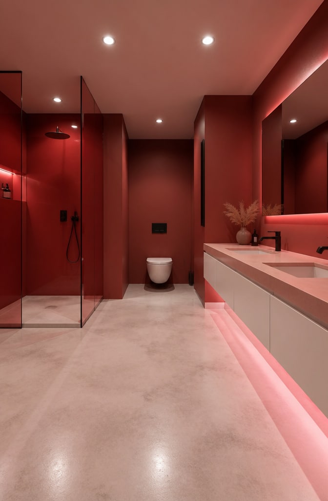 Modern Minimalist Red and Pink Bathroom