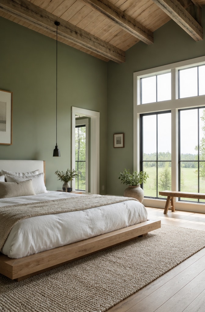 Modern Minimalist Sage Green Farmhouse Bedroom