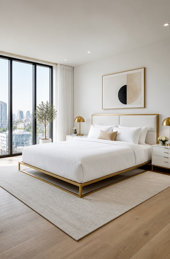 Modern Minimalist White and Gold Bedroom