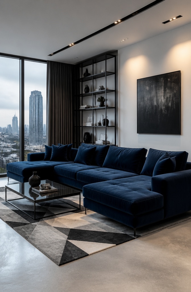 Modern Navy Velvet Sectional Lounge