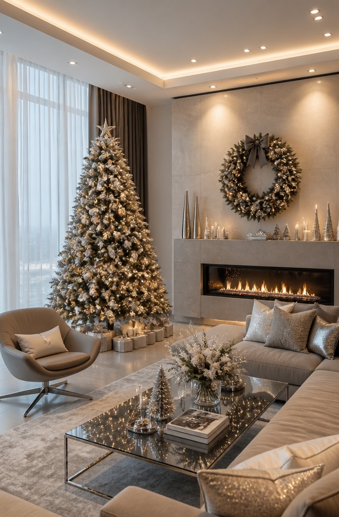 Modern Neutral Christmas Living Room with Metallic Accents