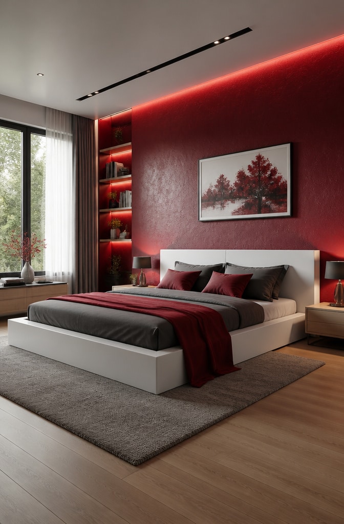 Modern Red Accent Wall Bedroom