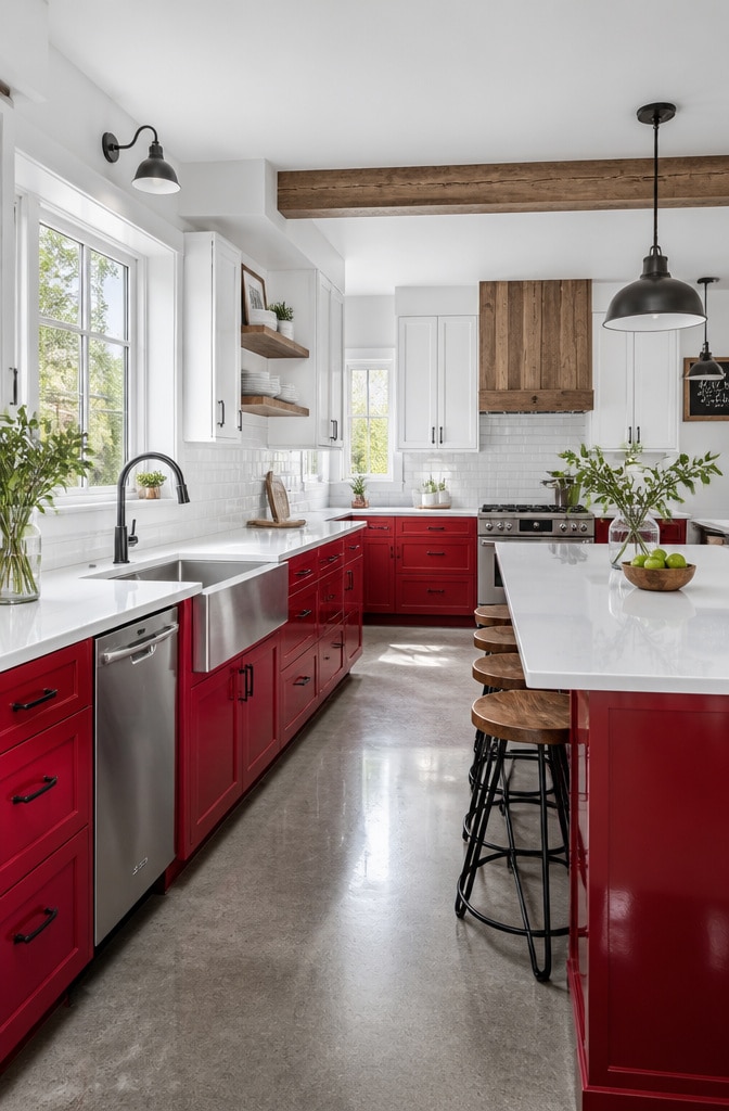 Modern Red and White Farmhouse Kitchen