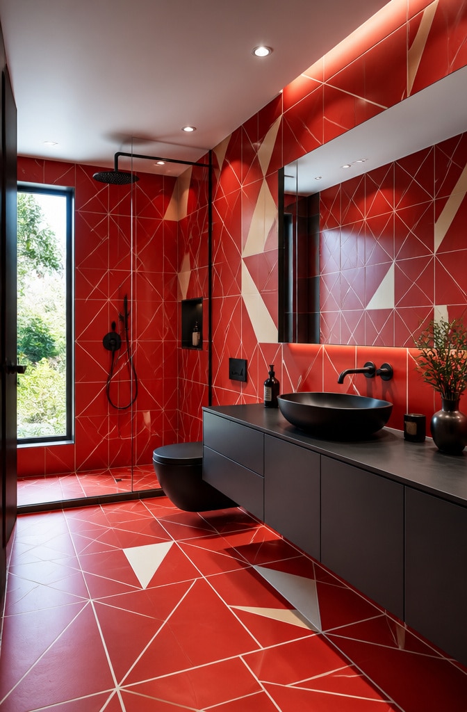 Modern Red Geometric Tile Bathroom