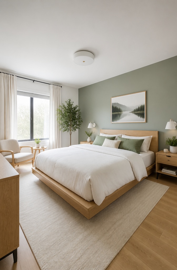 Modern Scandinavian White and Sage Bedroom