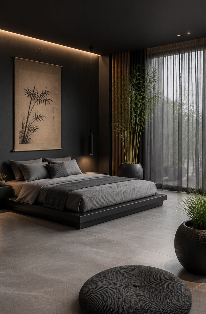 Monochrome Black and Grey Zen Bedroom