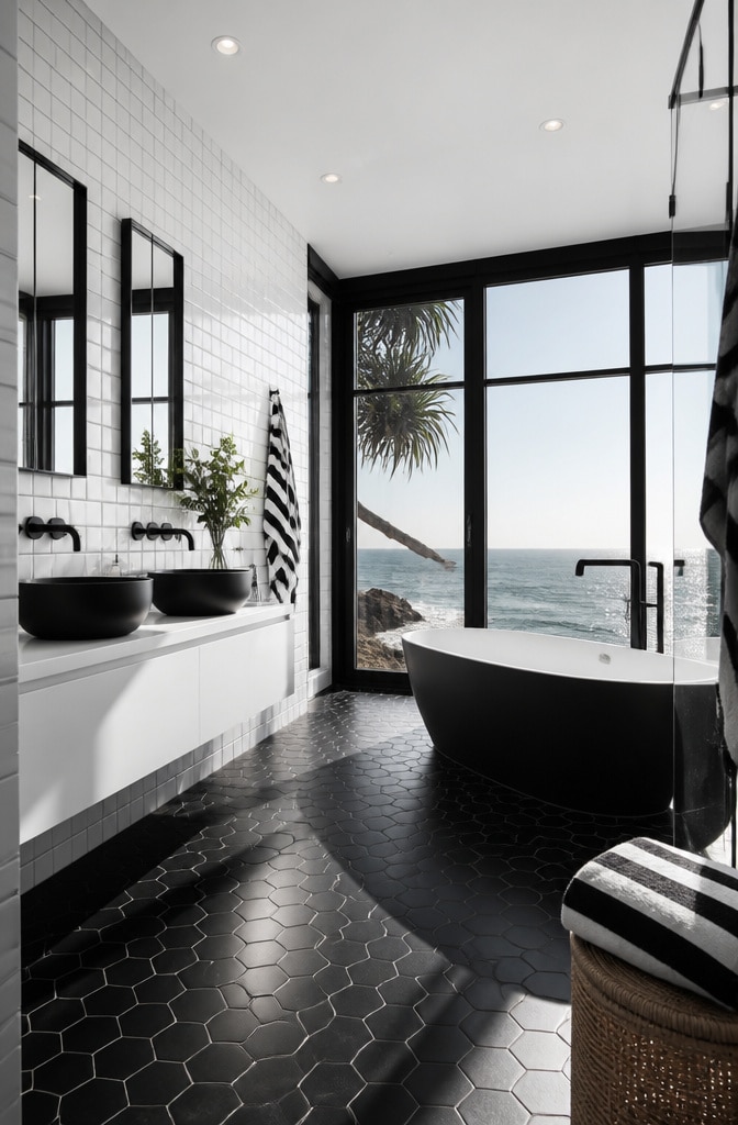 Monochrome Coastal Spa Bathroom with Black Accents