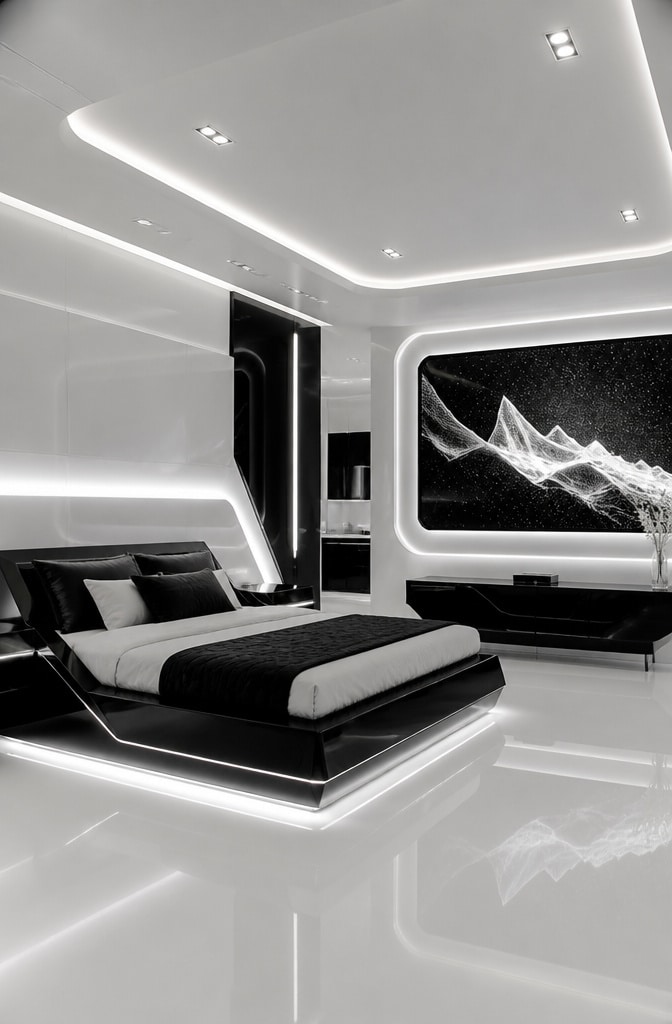 Monochrome Futuristic Black and White Bedroom