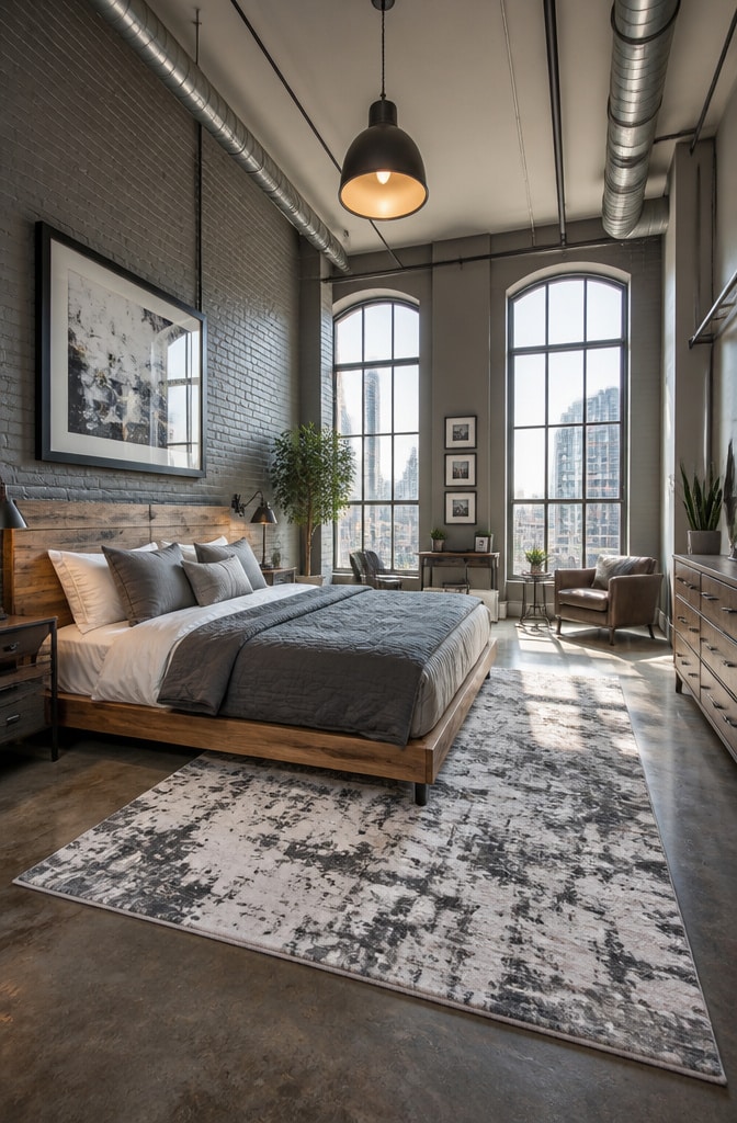 Monochrome Grey and White Urban Loft Bedroom