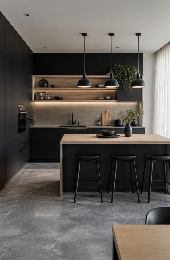 Monochrome Japandi Kitchen with Black Accents