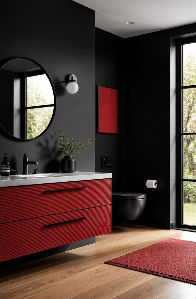 Monochrome Red and Black Scandinavian Bathroom