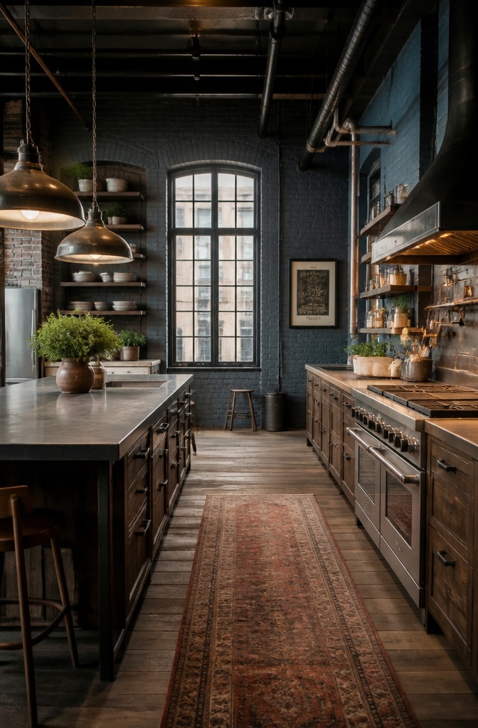 Muted Slate Blue Industrial Kitchen Walls