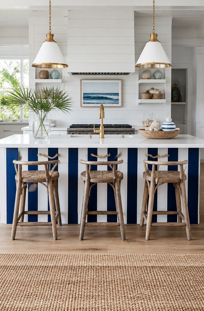 Nautical Blue and White Striped Kitchen Island