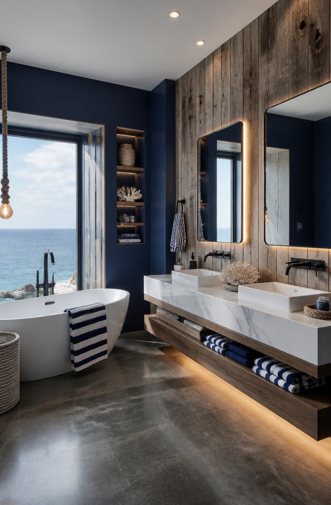 Nautical Navy and Driftwood Spa Bathroom